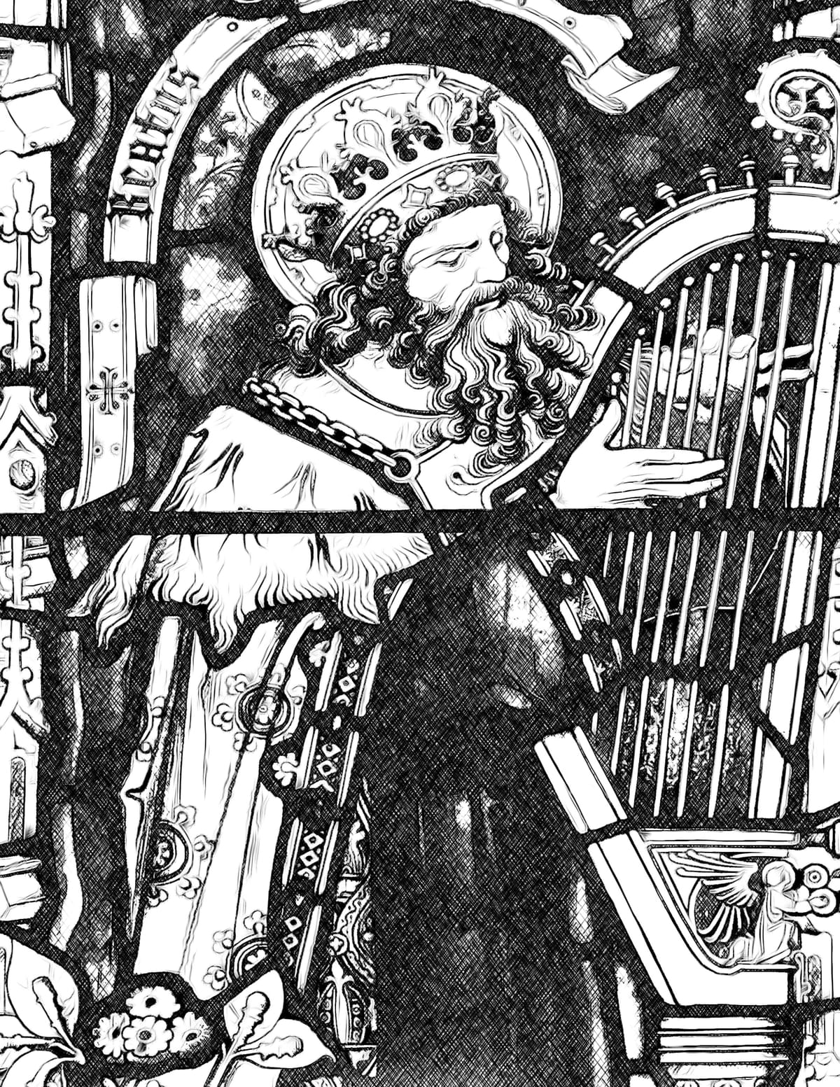 King David with Harp - Bible Coloring Page