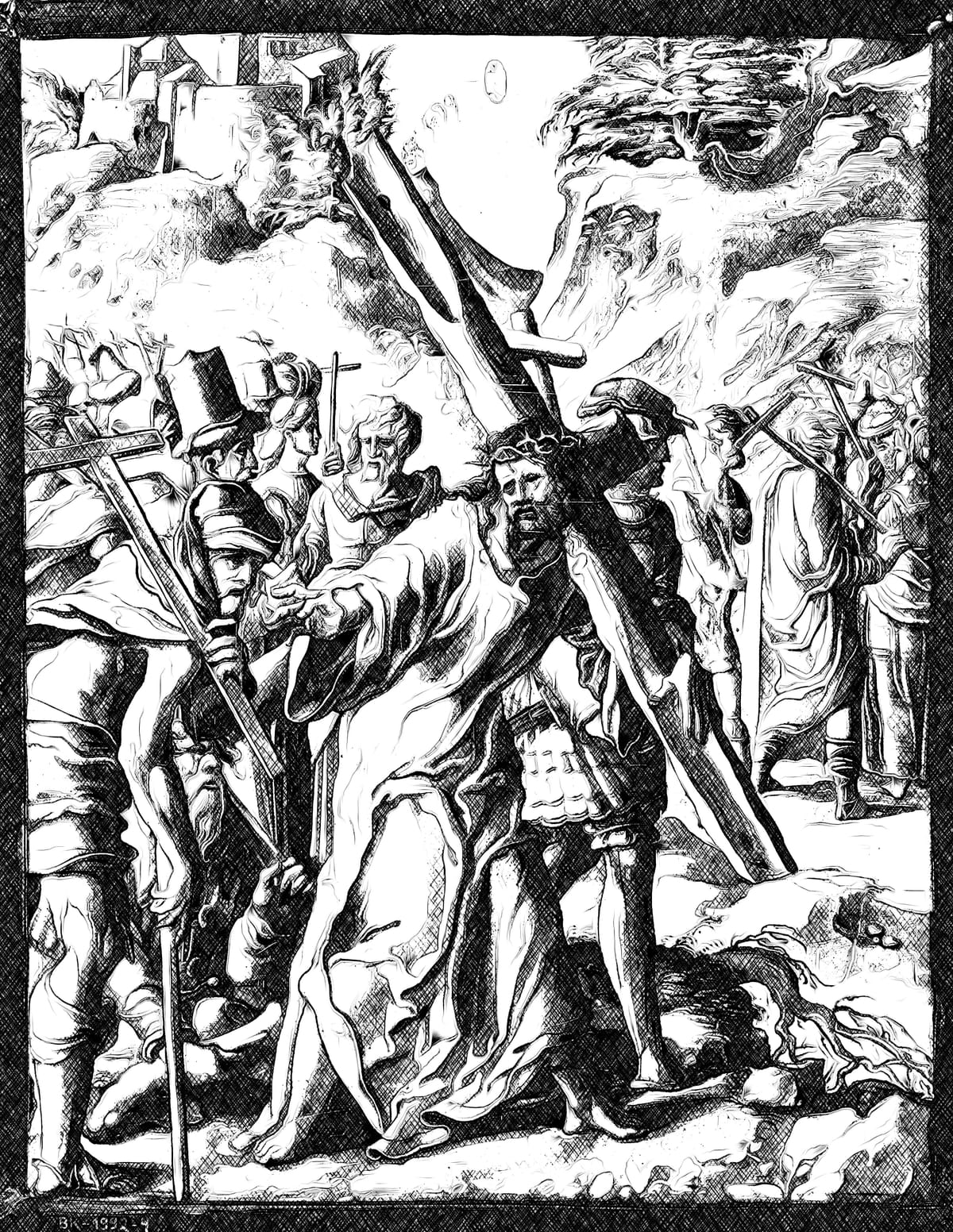 Christ and Christians Carrying Their Crosses - Catholic Coloring Page