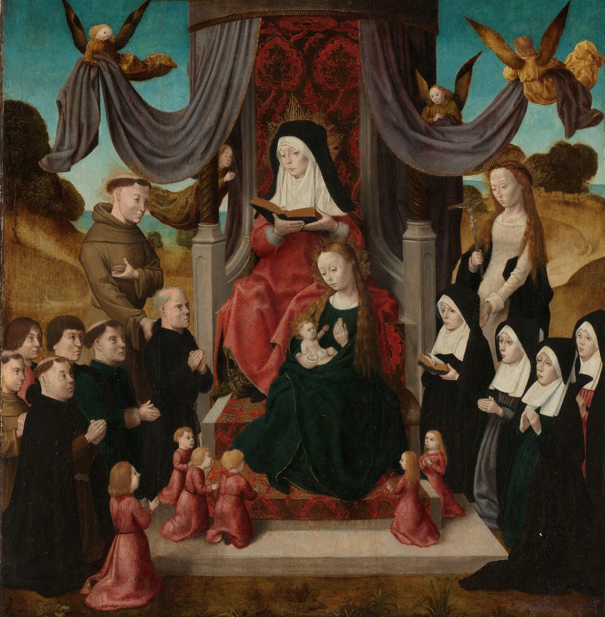 Virgin and Child with Saint Anne and Saints Francis and Lidwina, with Donors (Anna Selbdritt) by Master of the Saint John Panels (1490 - 1500) - Public Domain Catholic Painting