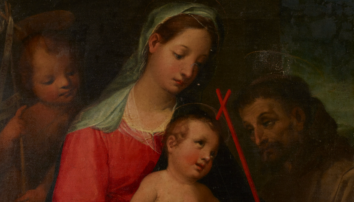 Madonna and Child with the Infant Saint John the Baptist and Saint Francis (16th century) by
Vincenzo Rustici - Public Domain Catholic Painting