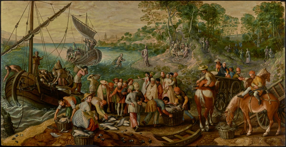 The Miraculous Draught of Fishes (1563) by Joachim Beuckelaer - Public Domain Bible Painting