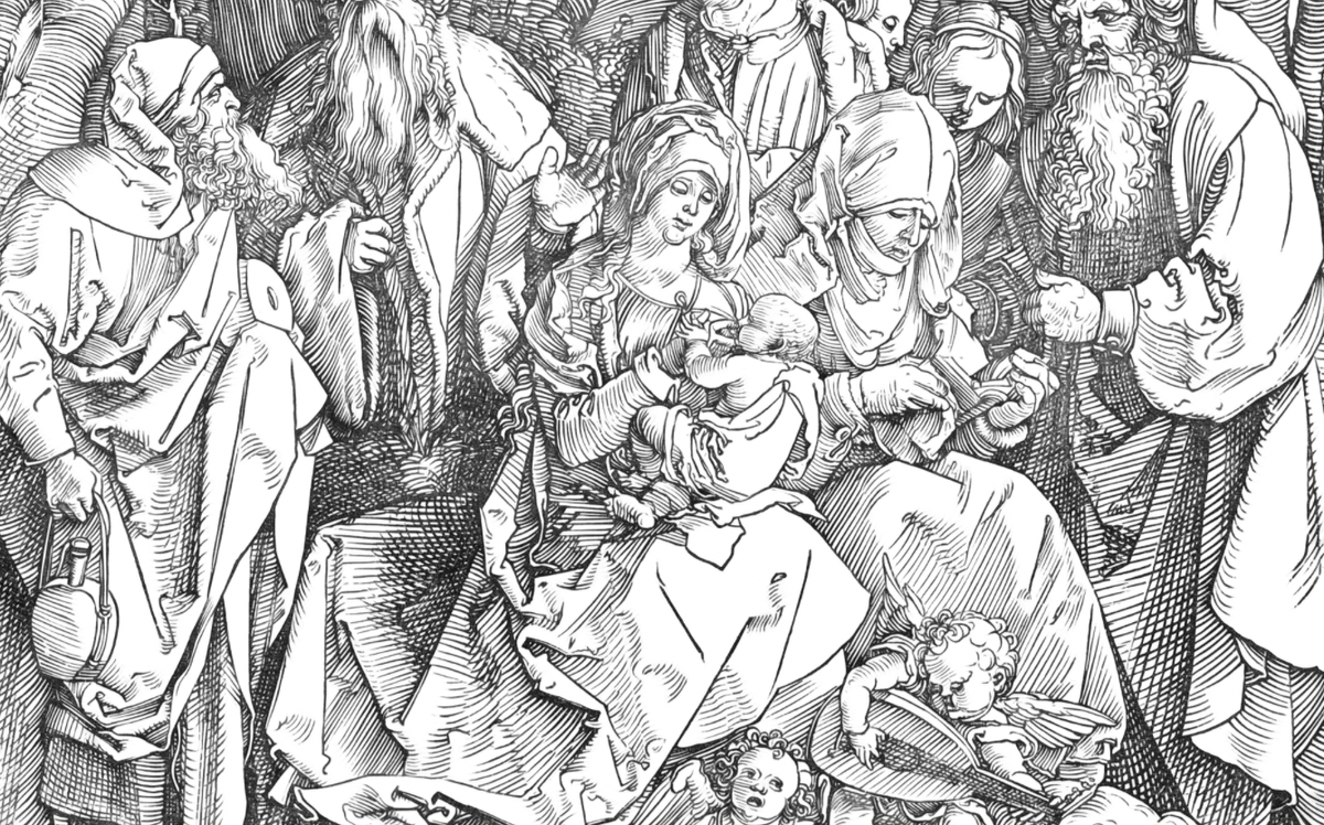 The Holy Family with Two Musician Angels (1511) by Albrecht Dürer - Catholic Coloring Page
