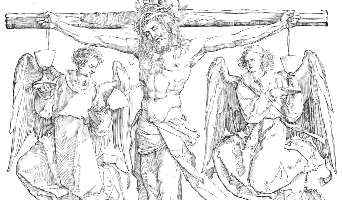 Christ on the Cross with Angels (16th Century) by Albrecht Dürer - Catholic Coloring Page