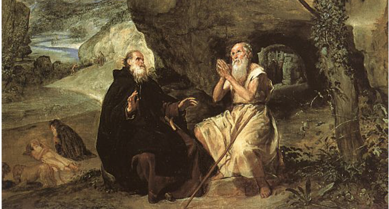 Saint Anthony the Great and Saint Paul the Anchorite (1634) by Diego Velázquez - Public Domain Catholic Painting