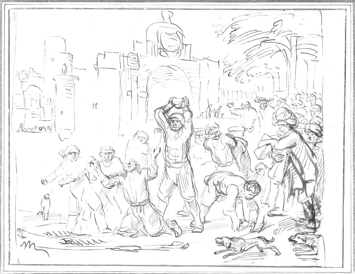 The Stoning of Saint Stephen (17th Century) by Samuel van Hoogstraten - Bible Coloring Page