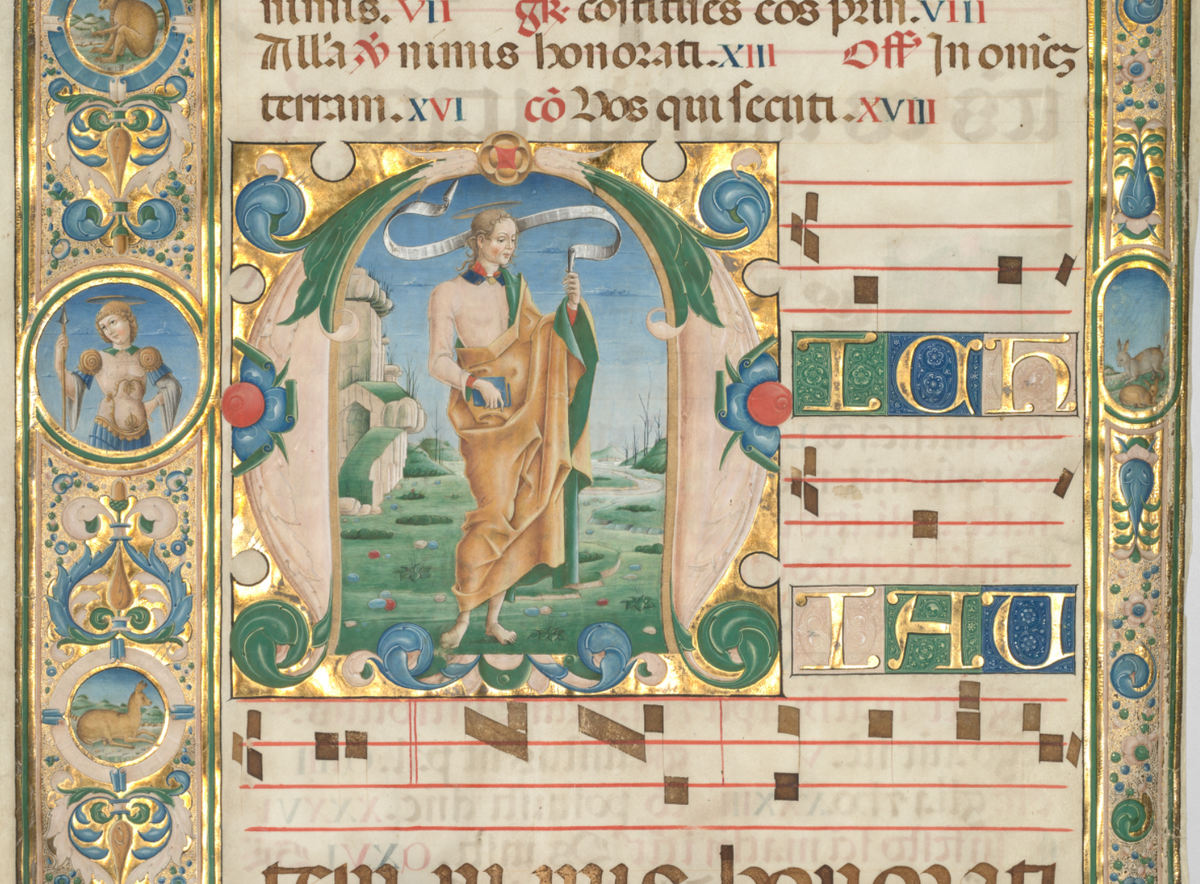 Leaf from a Gradual: Initial M with Saint Andrew (1480) by Jacopo Filippo d' Argenta - Public Domain Catholic Painting
