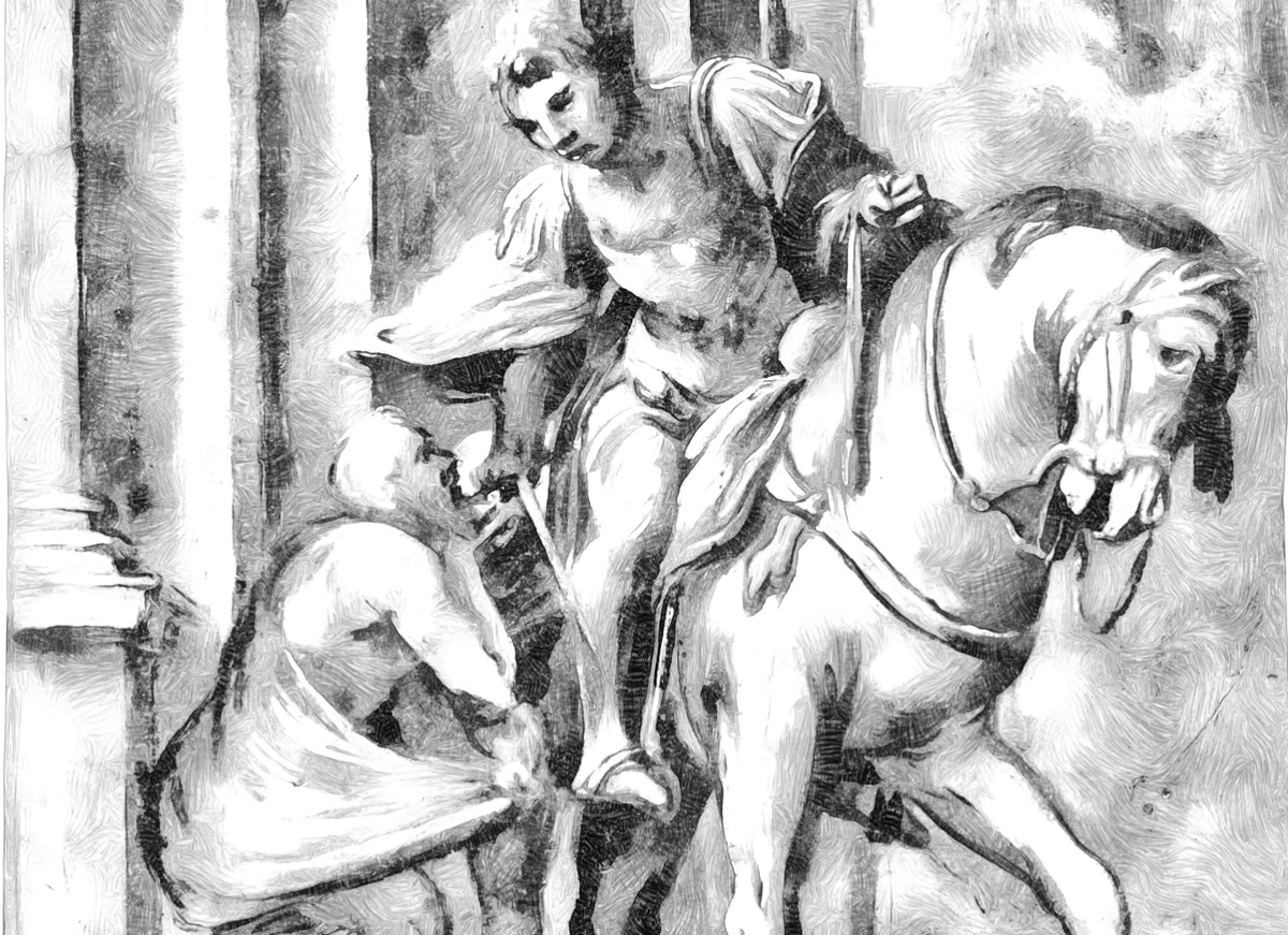 Saint Martin Dividing His Cloak with a Beggar (1530) by Lorenzo Lotto - Catholic Coloring Page