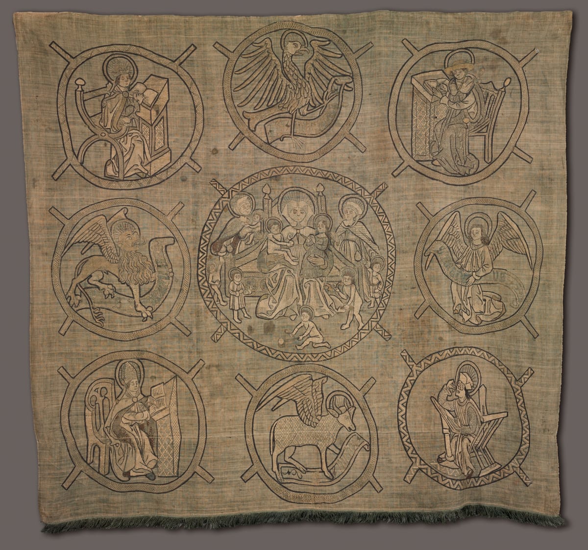 Embroidered Panel: Holy Kinship (1500s, Germany or Switzerland) - Catholic Stock Photo