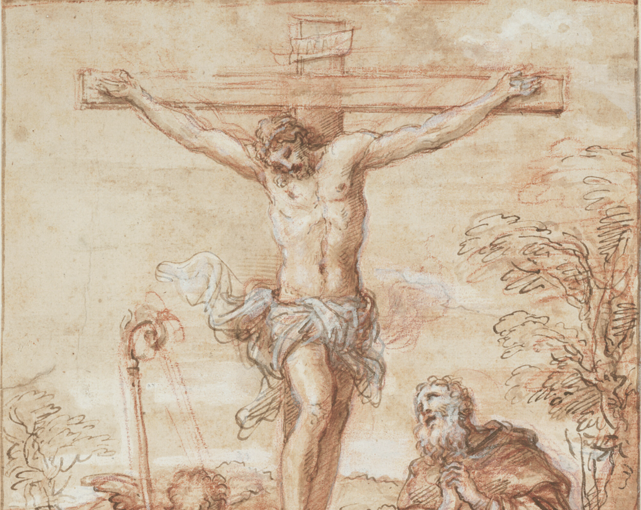 Saint Augustine and Two Angels Adoring the Crucifix (1685–1695) by Giuseppe Passeri - Public Domain Catholic Painting