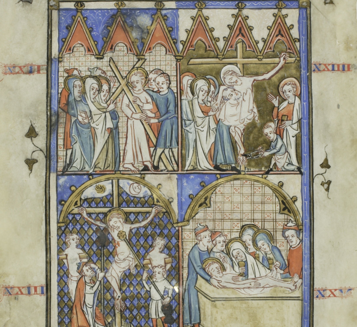 Christ Carrying the Cross, The Crucifixion, The Descent from the Cross, and the Entombment (1325-1350) Unknown Author - Public Domain Catholic Painting