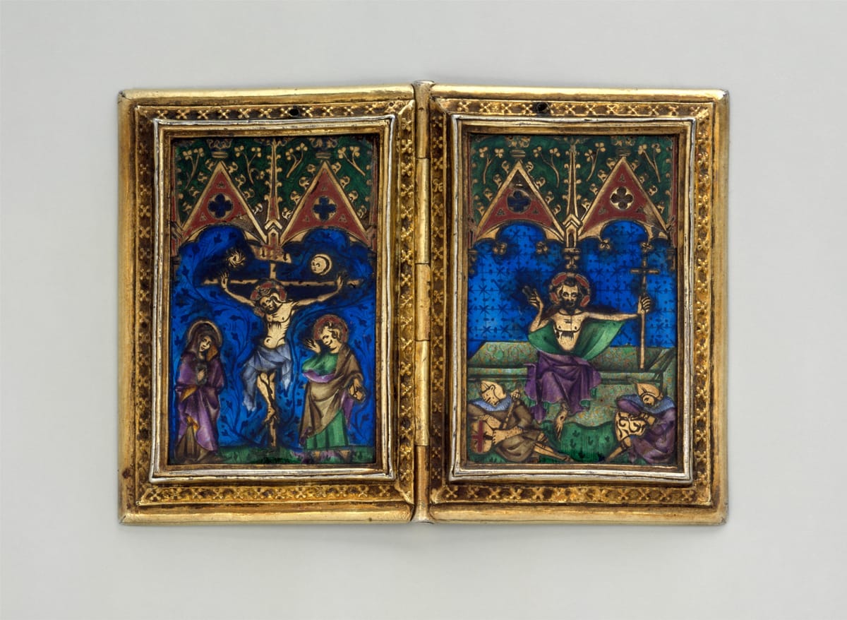 Diptych with Scenes of the Annunciation, Nativity, Crucifixion, and Resurrection (1300-1325, Germany) - Catholic Stock Photo
